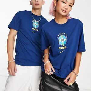 Nike Brazil Soccer Team Crest Tee Shirt S Blue Yellow Dri-Fit Cotton DH7585-490